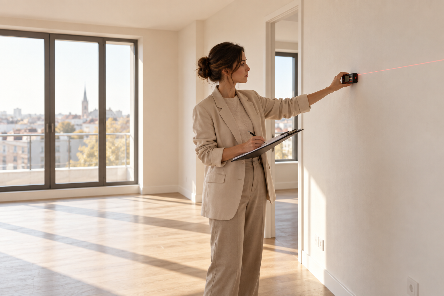 Дизайнер проводит обмер помещения лазерным дальномером